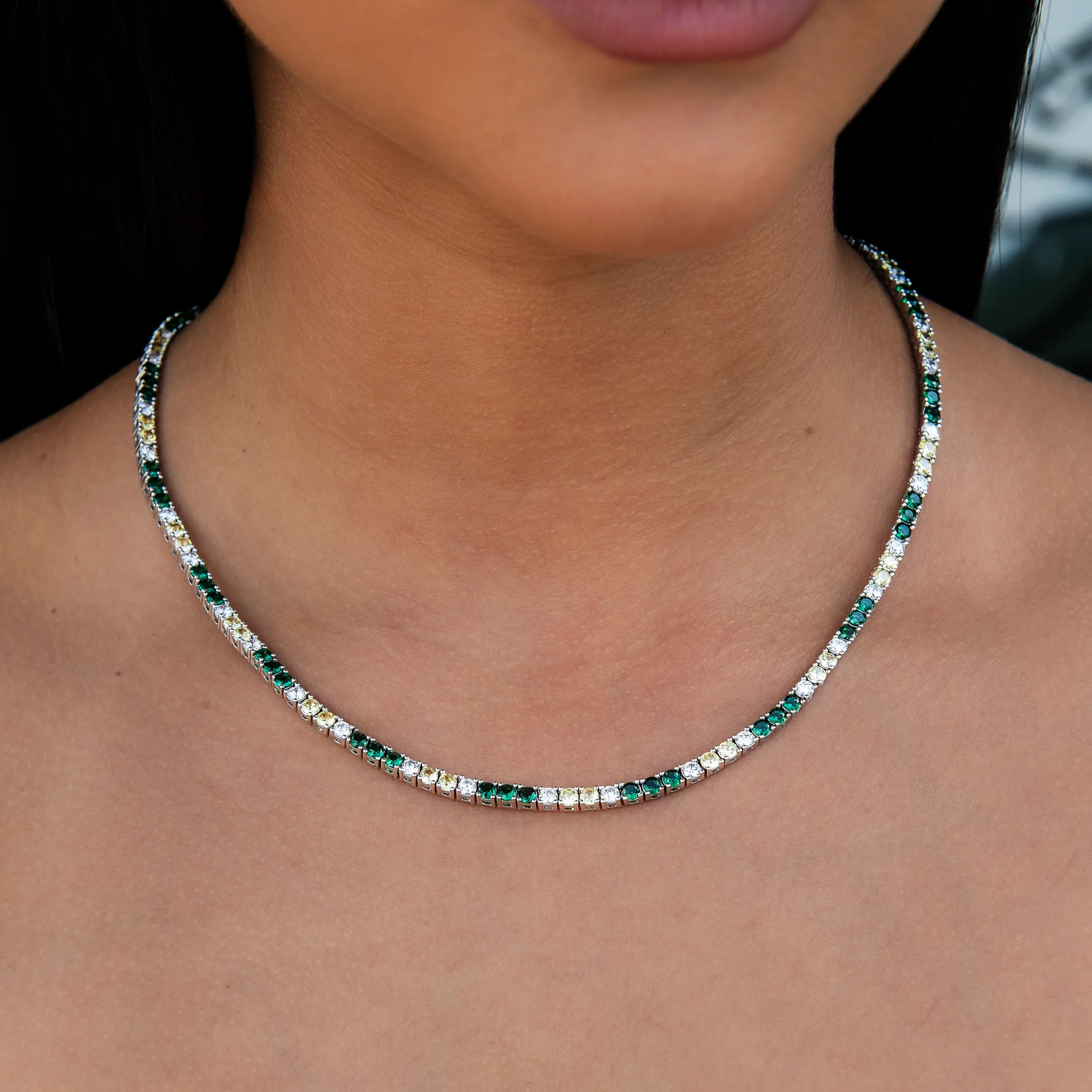 3MM Diamond Tennis Necklace - Green Yellow White