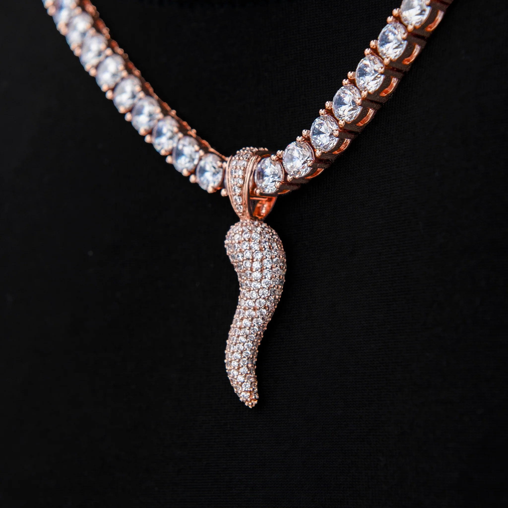 Iced Italian Horn Pendant in Rose Gold