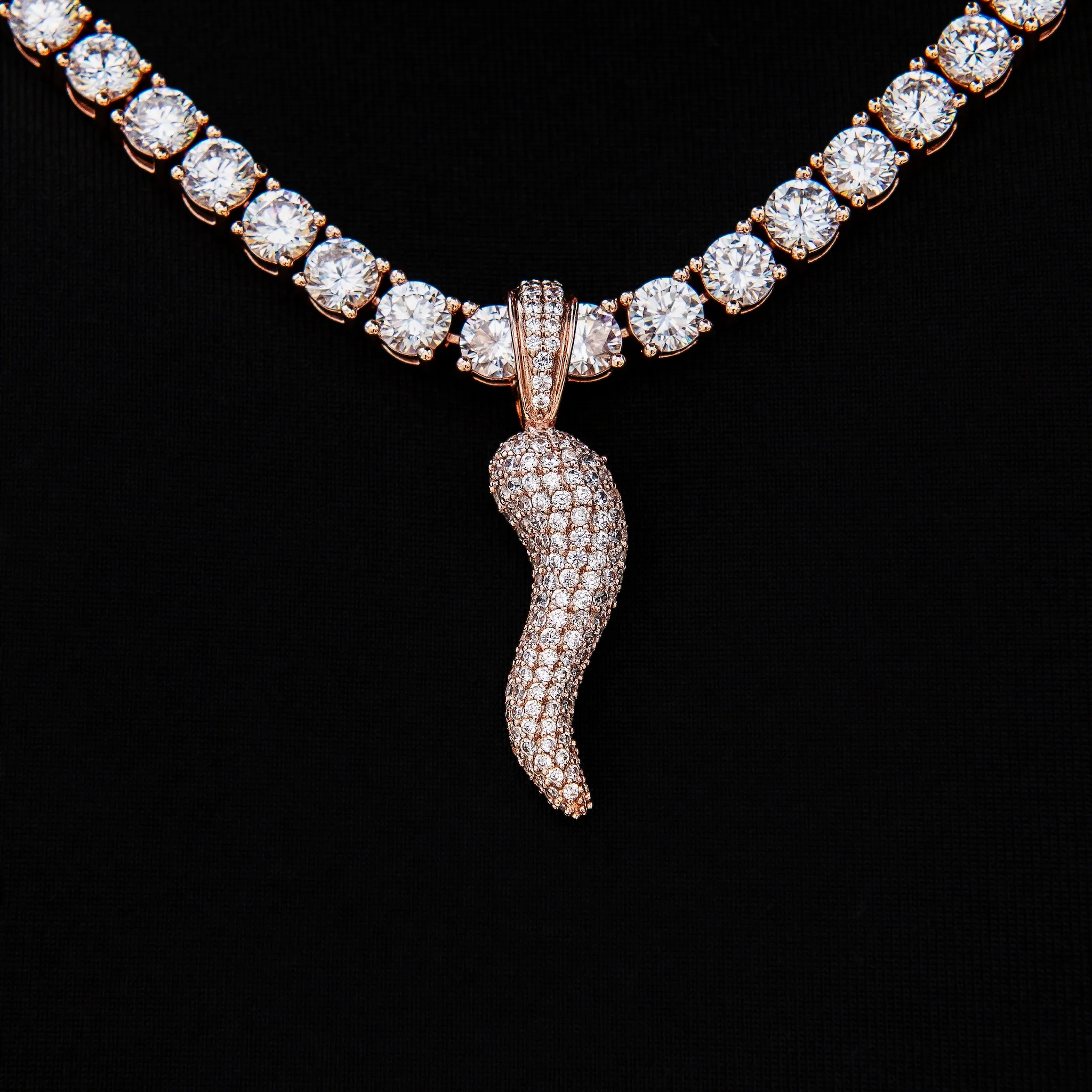 Iced Italian Horn Pendant in Rose Gold