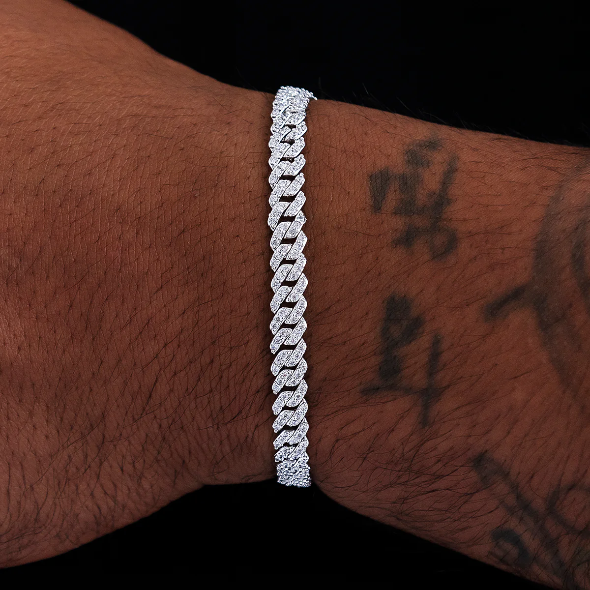 Micro Diamond Prong Cuban Bracelet in White Gold - 6mm