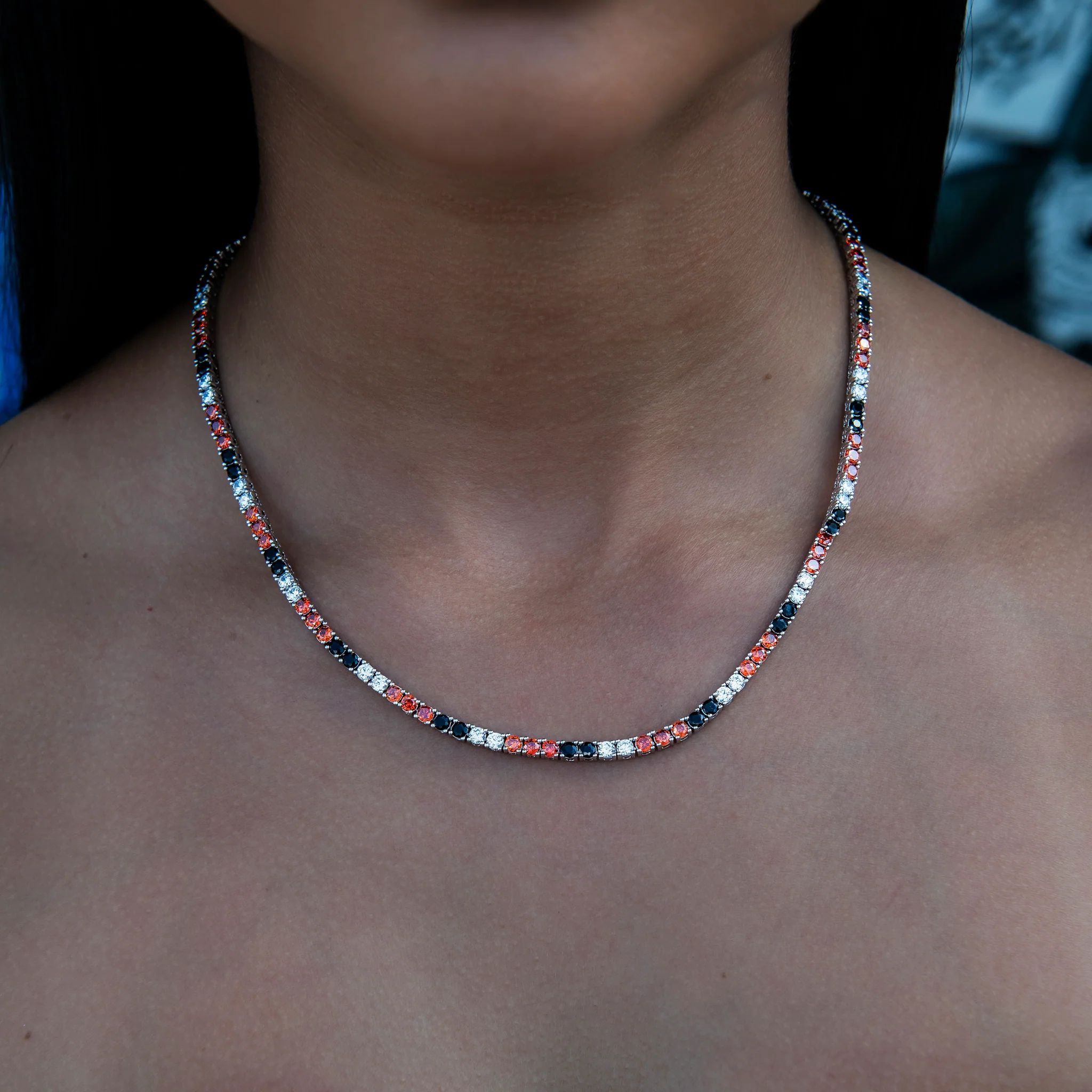 3MM Diamond Tennis Necklace - Black Orange White