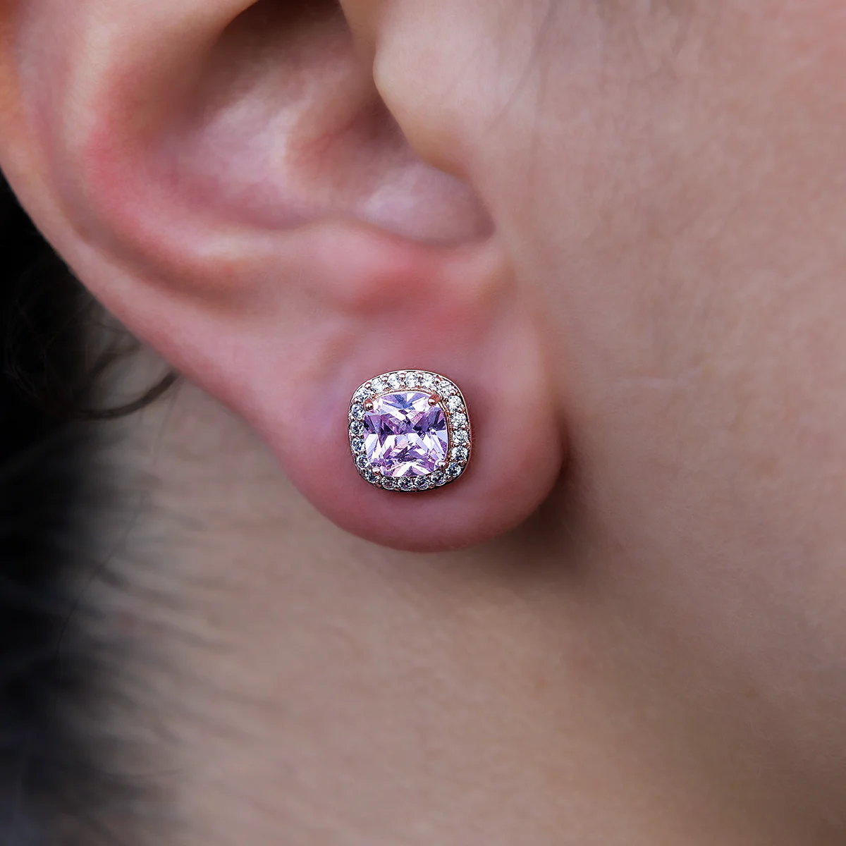 Pink Cushion Cut Stud Earrings in Rose Gold