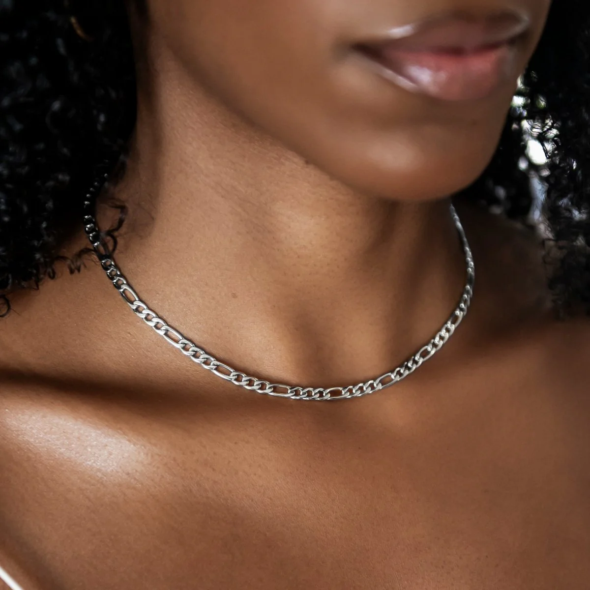 Figaro Link Necklace + Bracelet Bundle in White Gold- 4mm