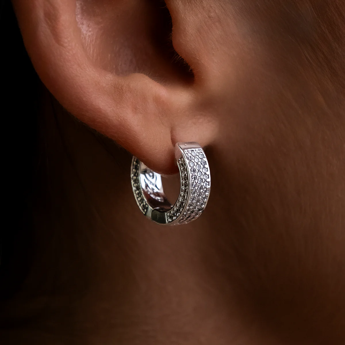 Pave Wide Hoop Earrings in White Gold