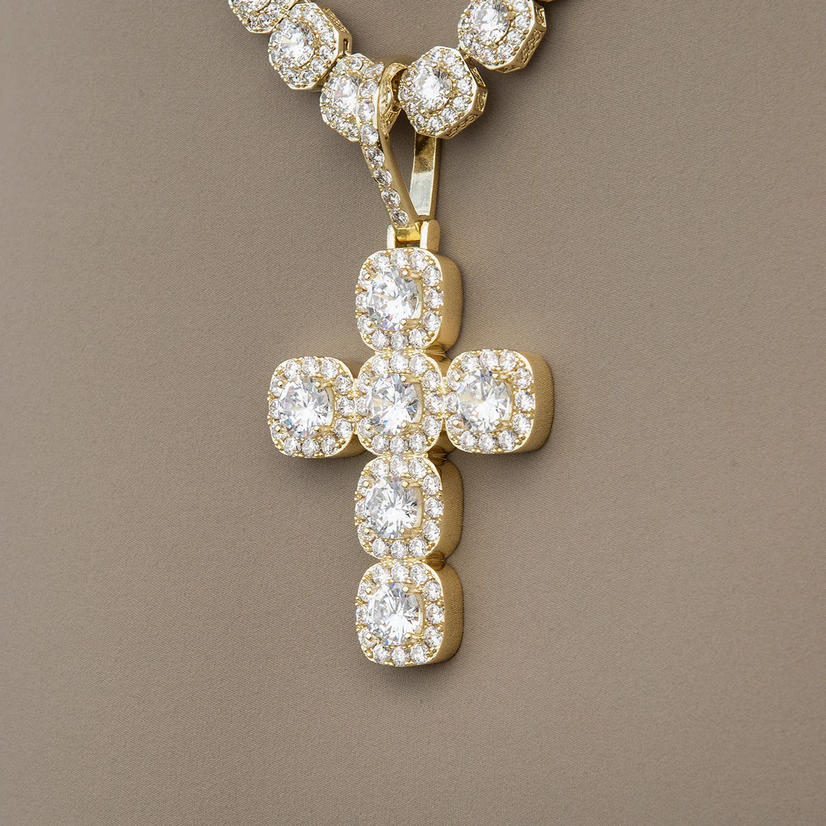 Cushion Cut Stone Cross Pendant in Yellow Gold