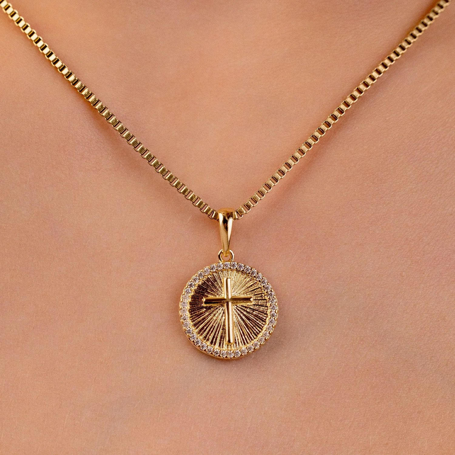 Small Cross Coin Pave Pendant in Gold