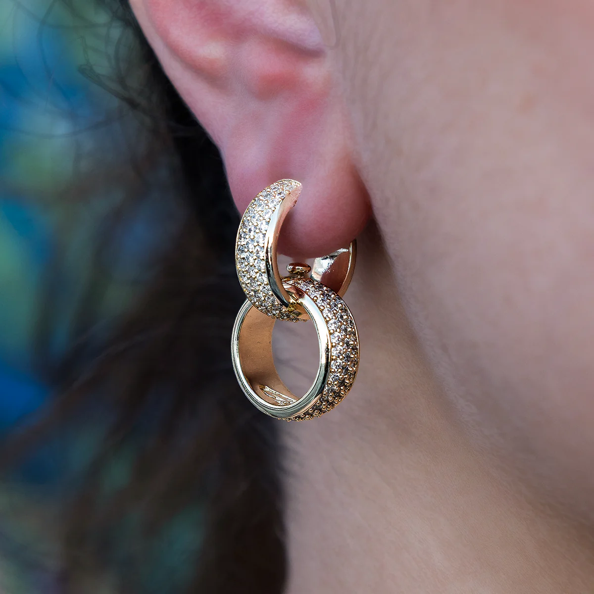 Diamond Double Hoop Drop Earrings in Yellow Gold