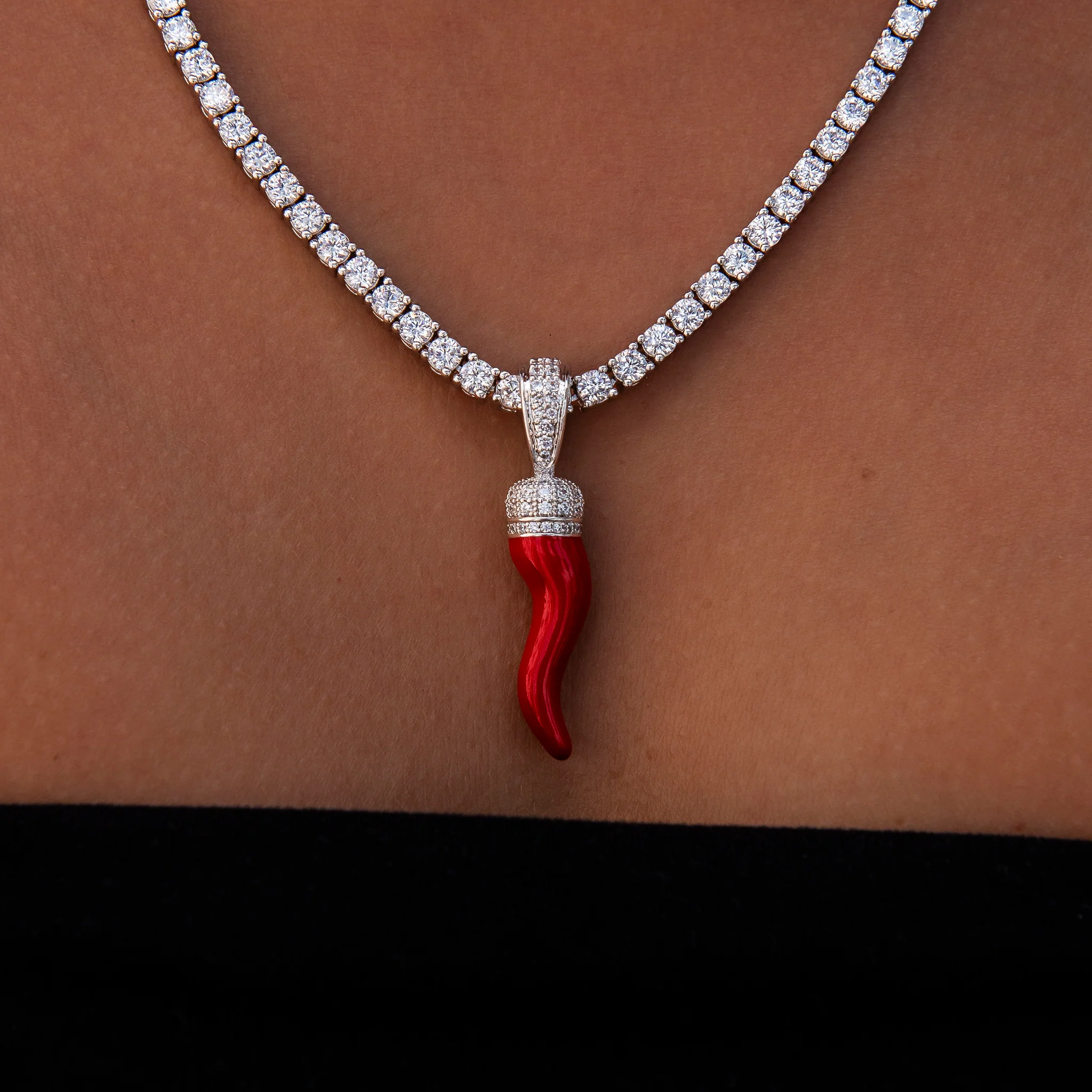 Iced Red Italian Horn Pendant in White Gold