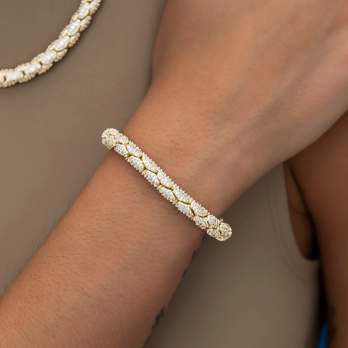 Diamond Pave Snake Link Bracelet in Yellow Gold-6mm