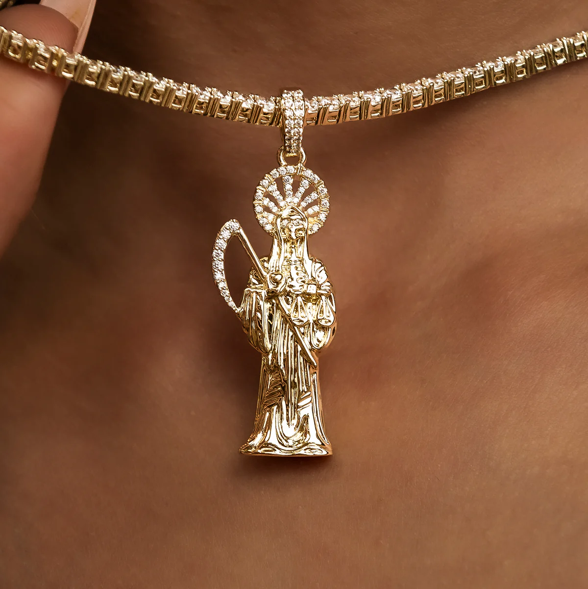 Iced Grim Reaper Pendant in Yellow Gold