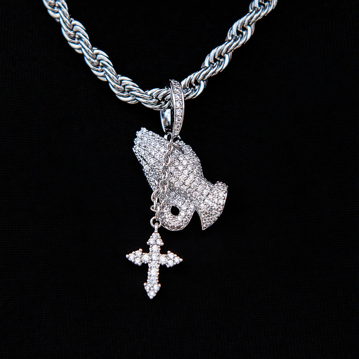 Micro Iced Praying Hands with Cross Pendant in White Gold