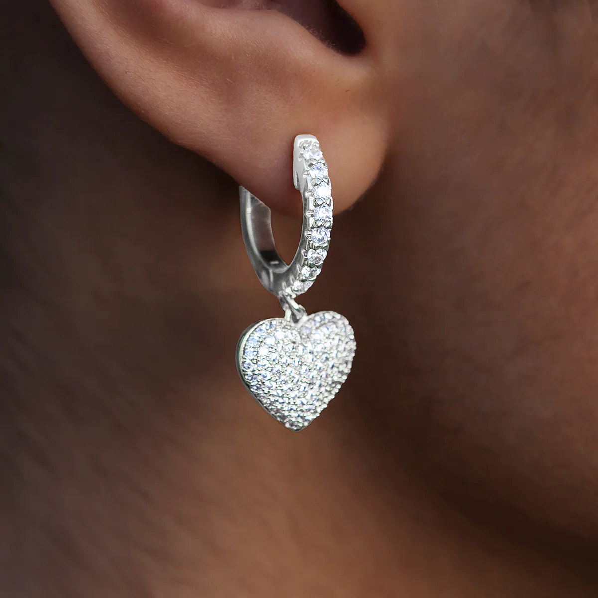 Pave Heart Hoop Earrings in White Gold