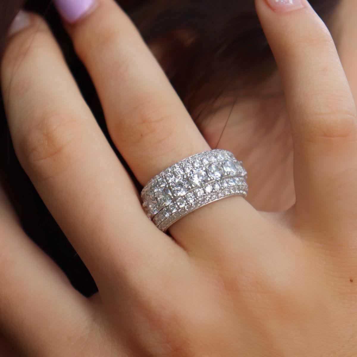 Women's Moissanite 5 Layer Diamond Band Ring in White Gold Vermeil