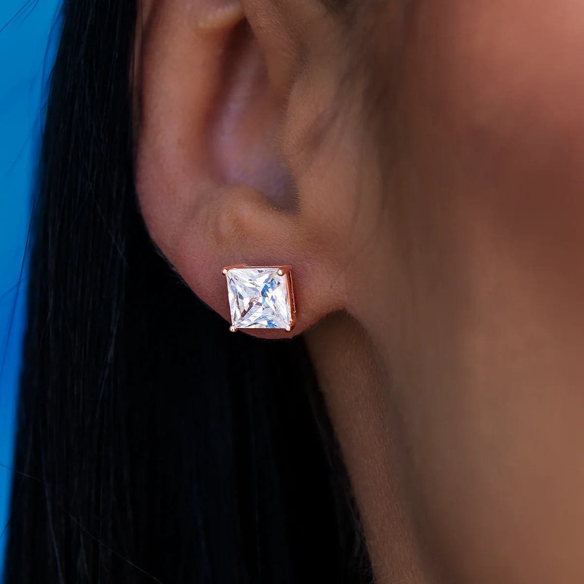 7MM Square Cut Diamond Stud Earrings - Rose Gold