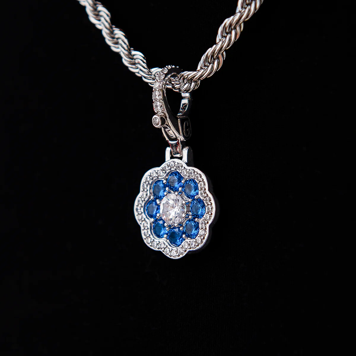 Blue Flower Clip On Pendant - White Gold