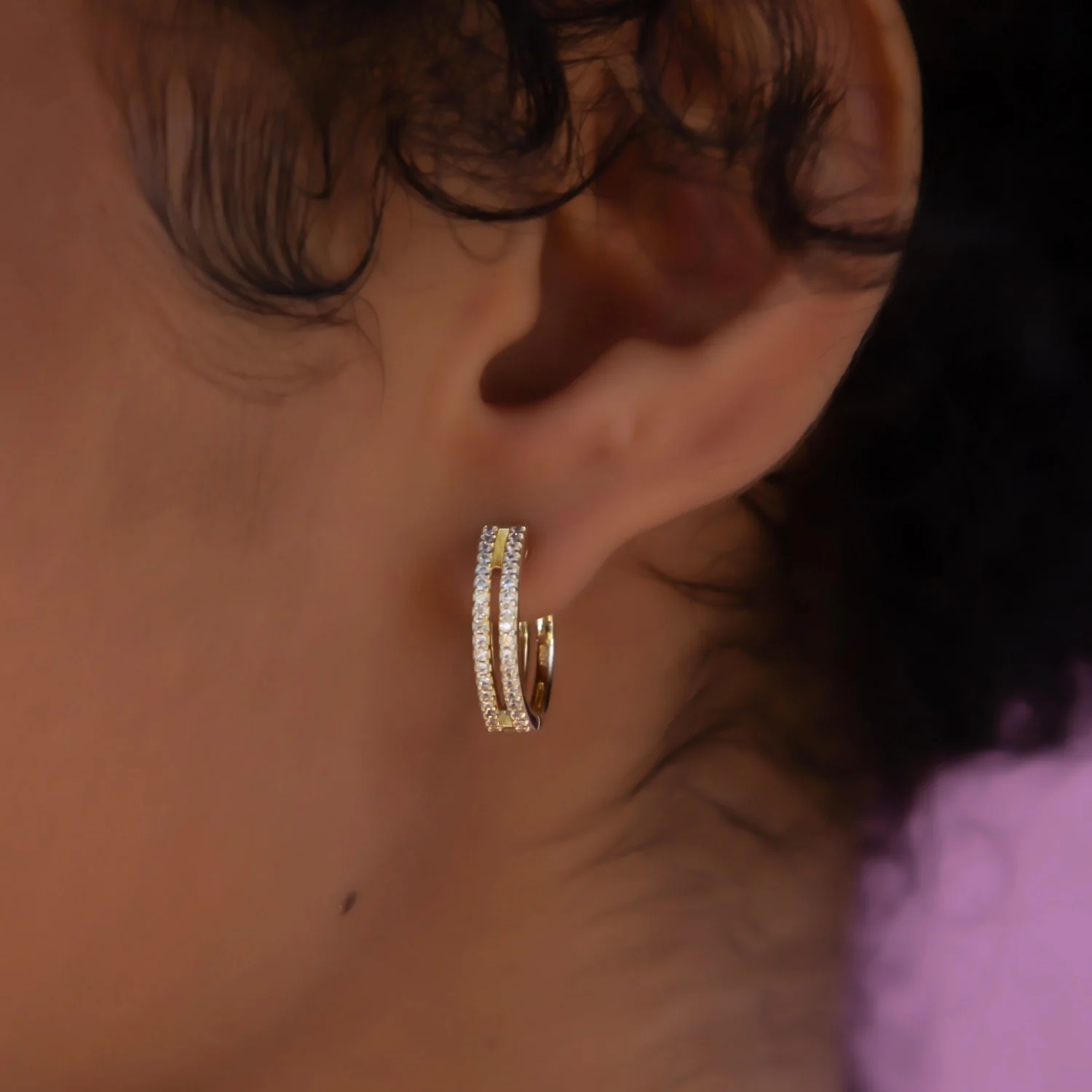 Split Iced Hoop Earrings in Yellow Gold