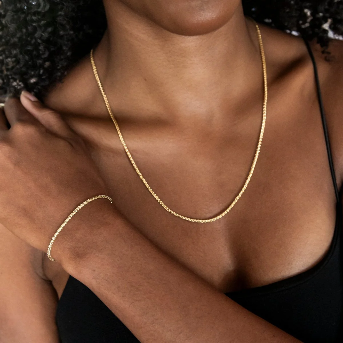 Palm Chain Necklace + Bracelet Bundle in Yellow Gold- 2mm