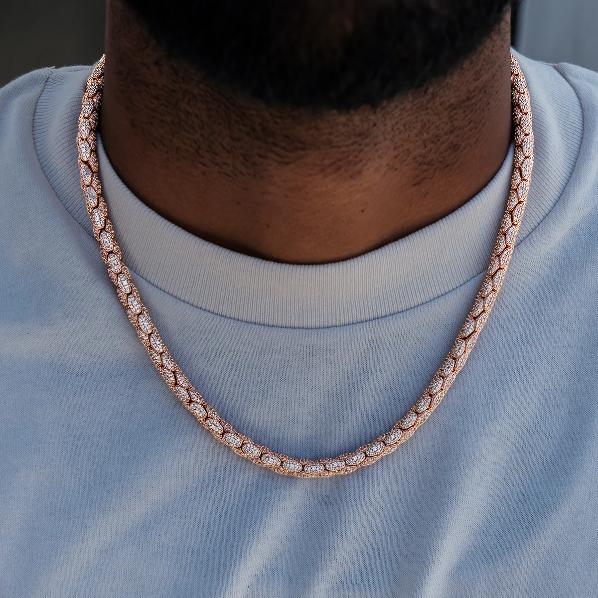 Diamond Pave Snake Link Chain in Rose Gold- 6mm