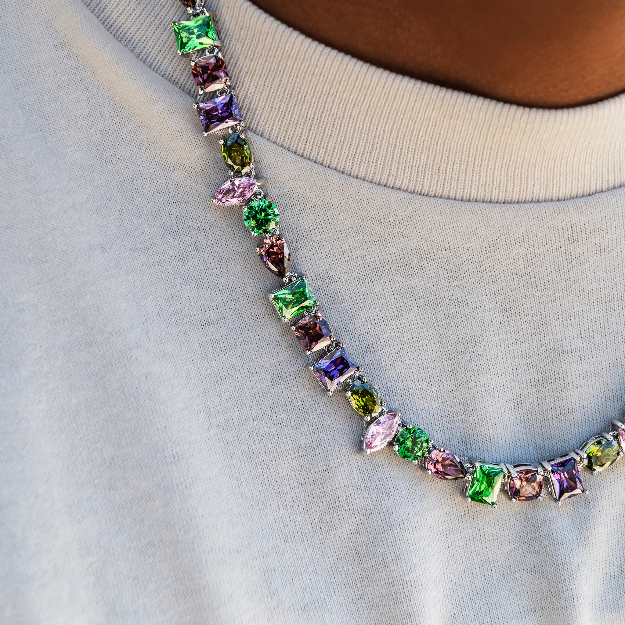 Floating Multicolor Stone Chain in White Gold