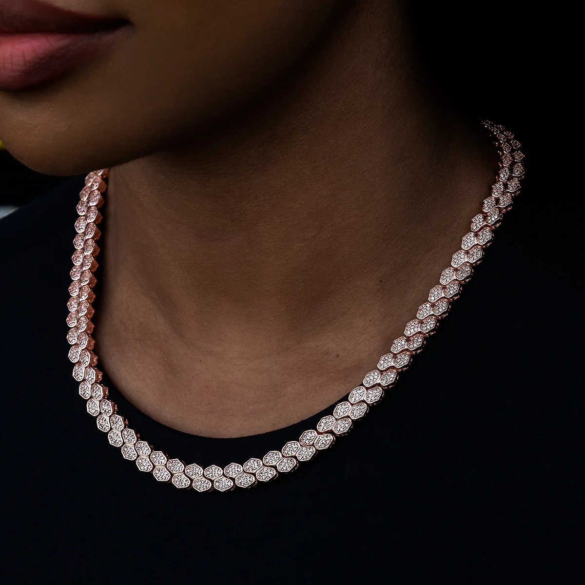 Diamond Pave Flat Snake Link Necklace in Rose Gold-4mm