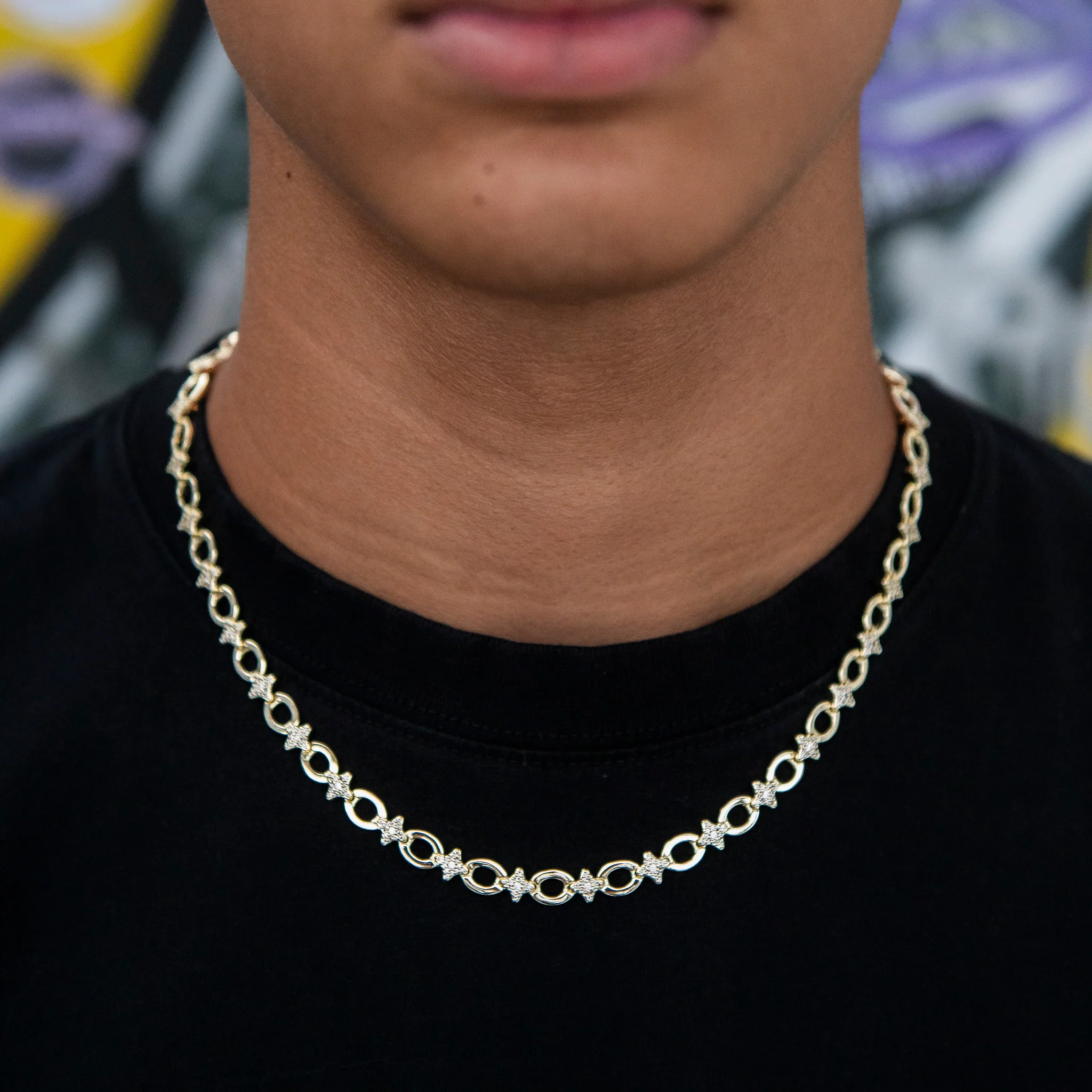 Iced Star Cable Link Chain - Yellow Gold