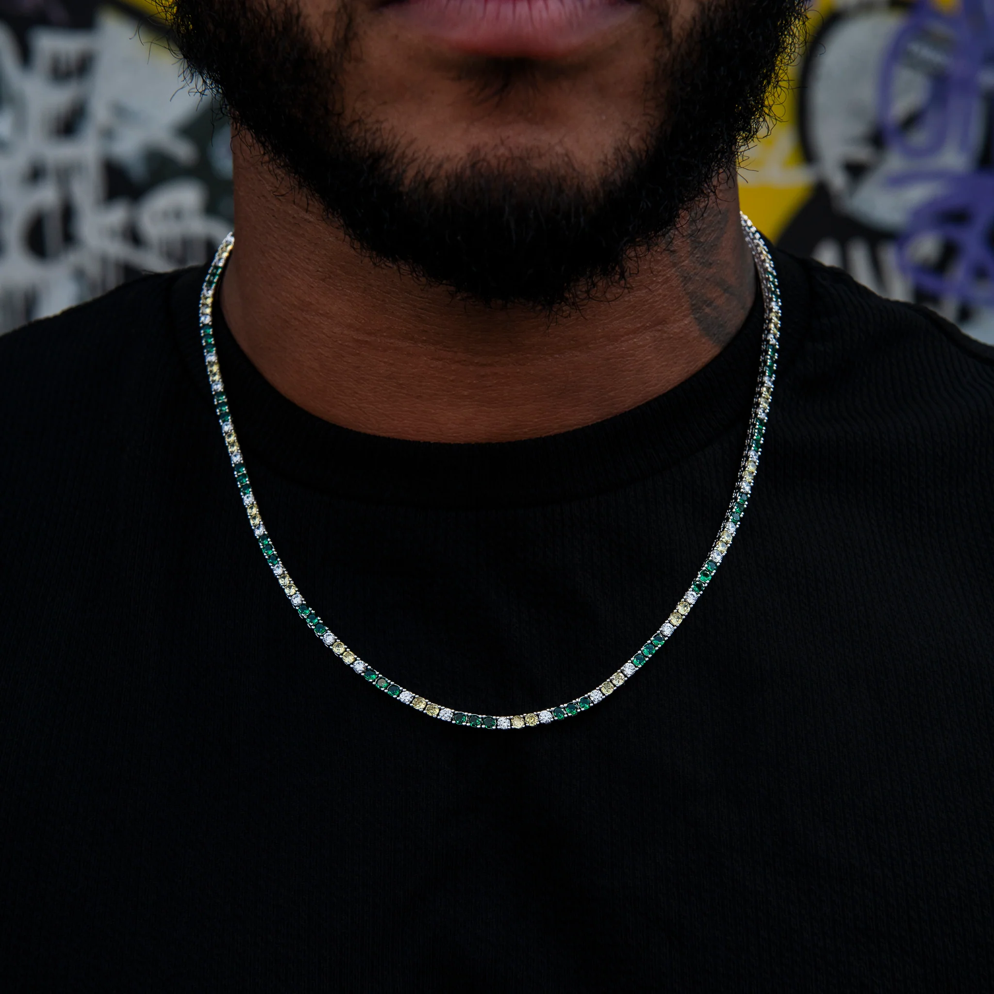 3MM Diamond Tennis Chain - Green Yellow White