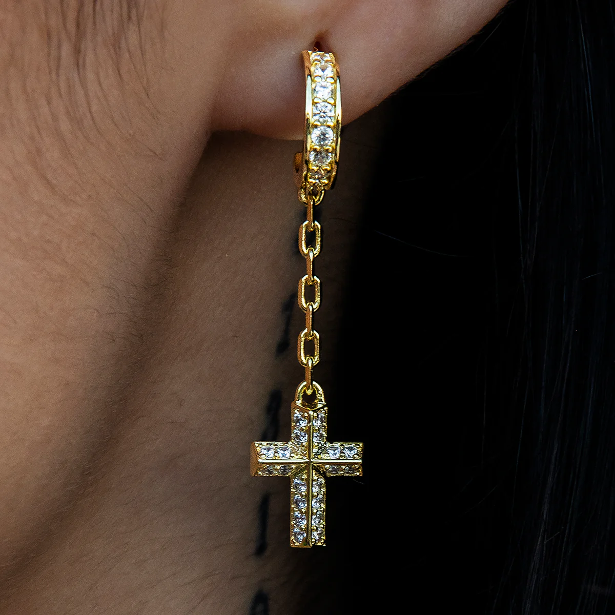 Iced Hoop Cross Drop Earrings - Gold
