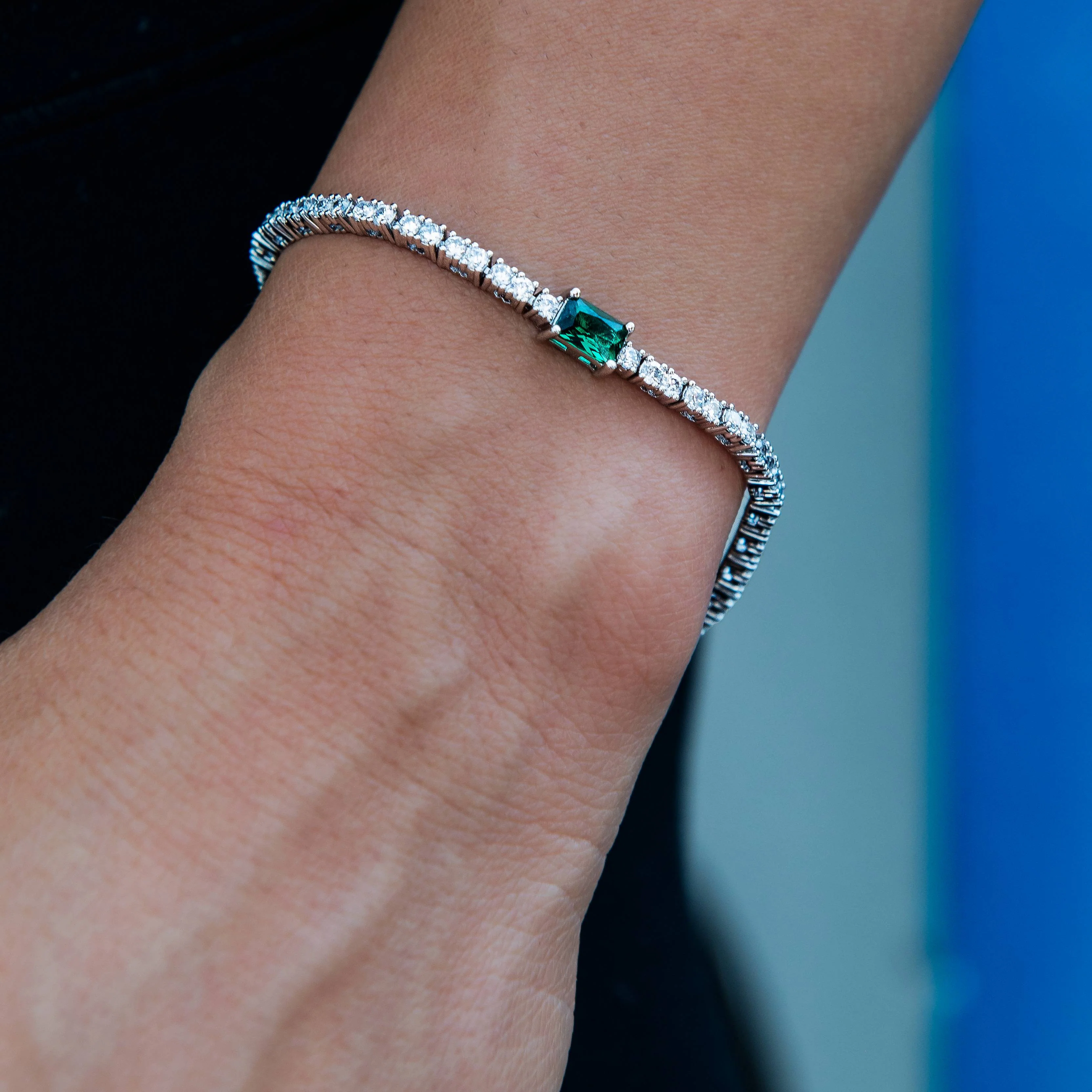 2MM Emerald Iced Rock Diamond Tennis Bracelet in White Gold