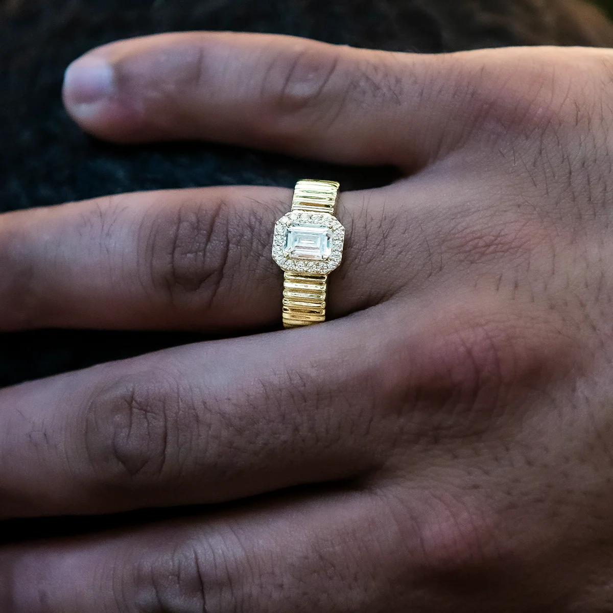 Emerald Cut Diamond Textured Ring in Yellow Gold Vermeil