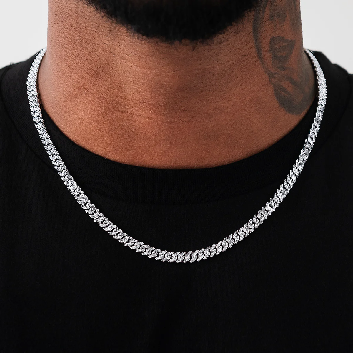 Micro Diamond Prong Cuban Necklace in White Gold - 6mm