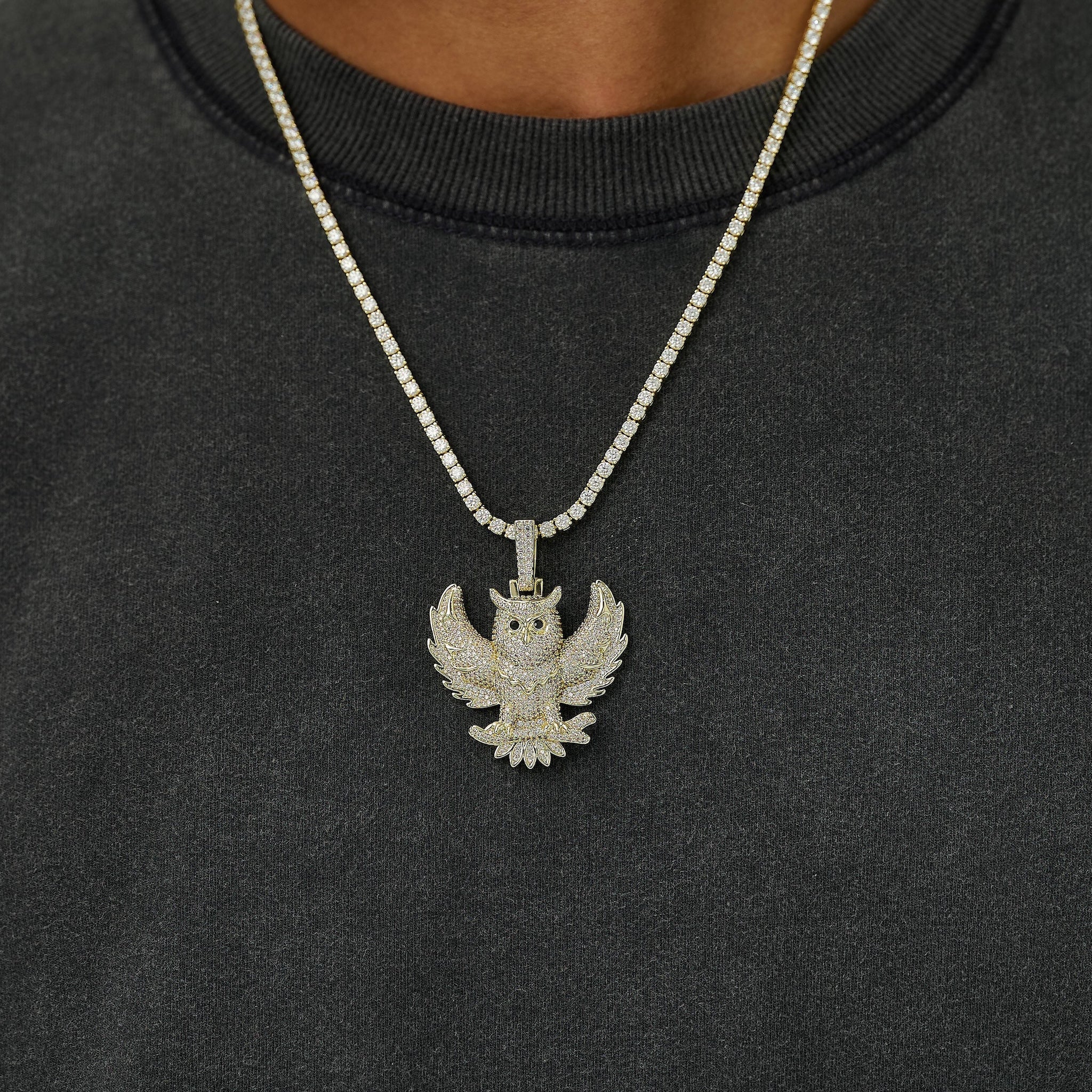 Iced Owl Pendant in Yellow Gold