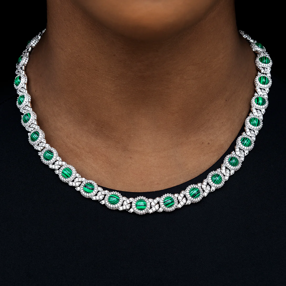 10mm Iced Halo Cuban Necklace with Malachite in White Gold