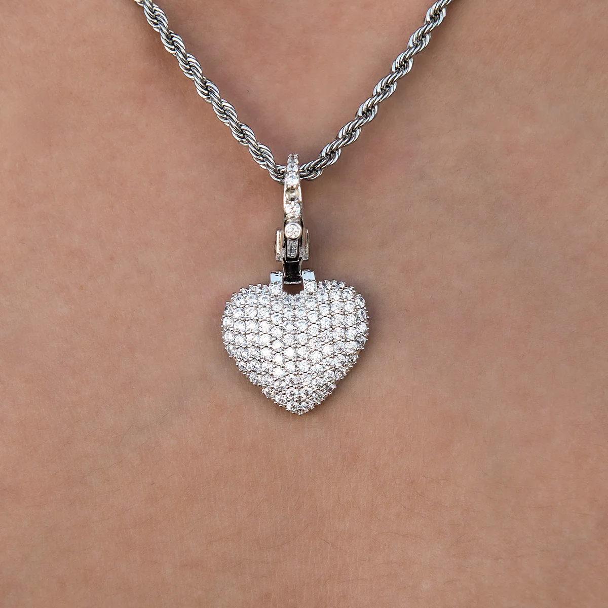 Pave Heart Clip On Charm Pendant in White Gold