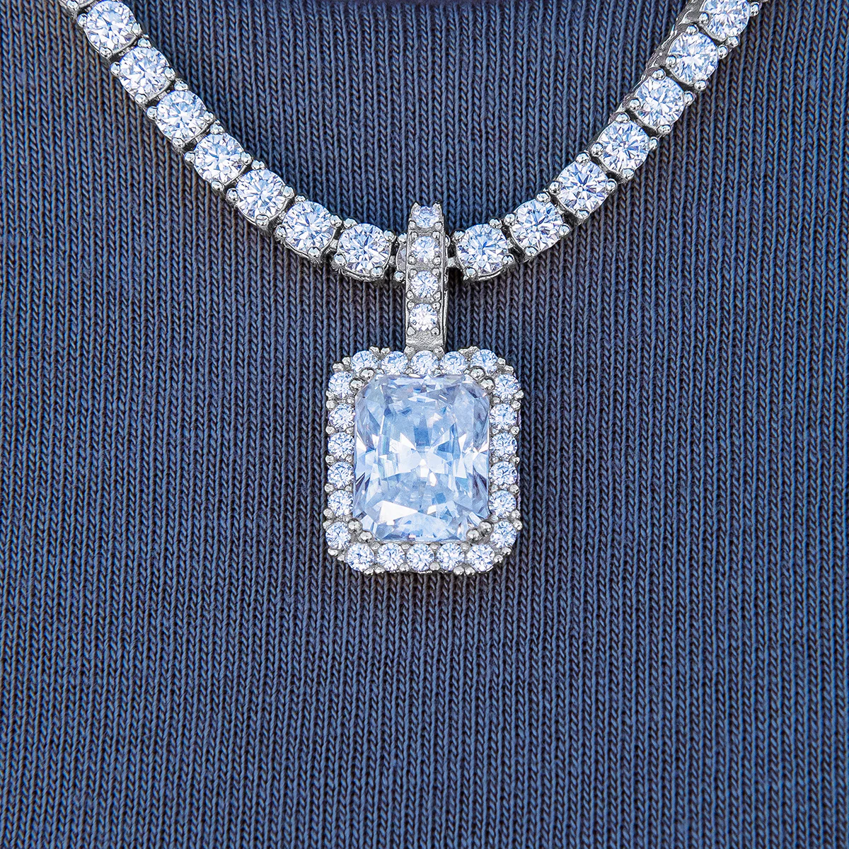 Men's Moissanite Micro Diamond Stone Pendant in White Gold Vermeil