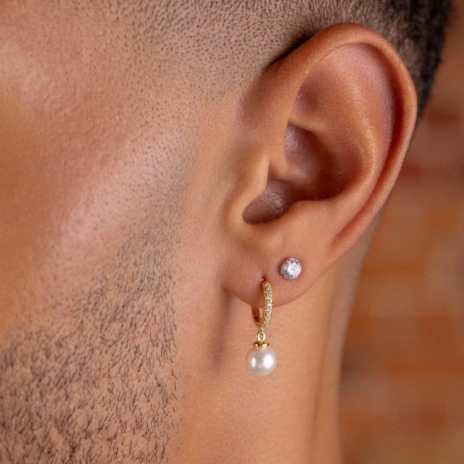 Pave Extra Small Huggie Hoop Pearl Drop Earrings in Yellow Gold