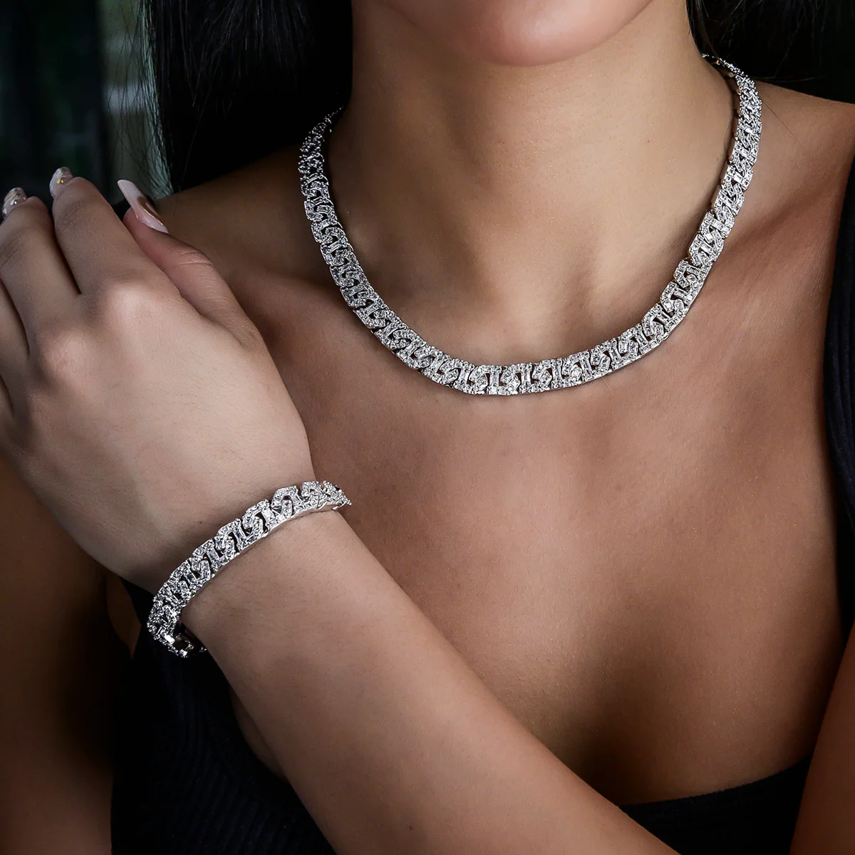 Baguette Chain Link Necklace + Bracelet in White Gold- 8mm