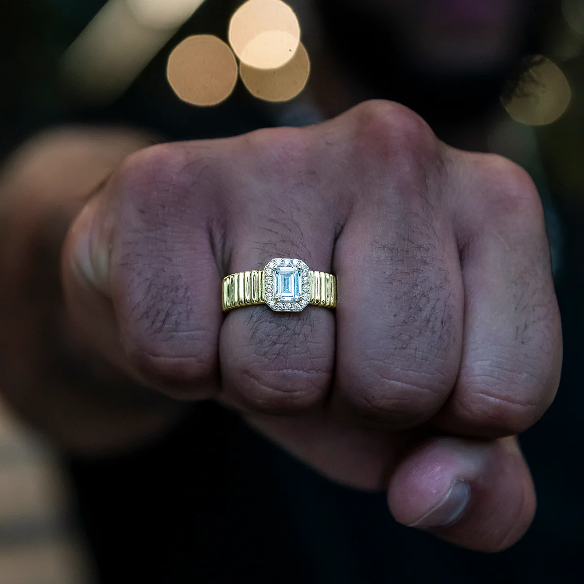 Emerald Cut Diamond Textured Ring in Yellow Gold Vermeil