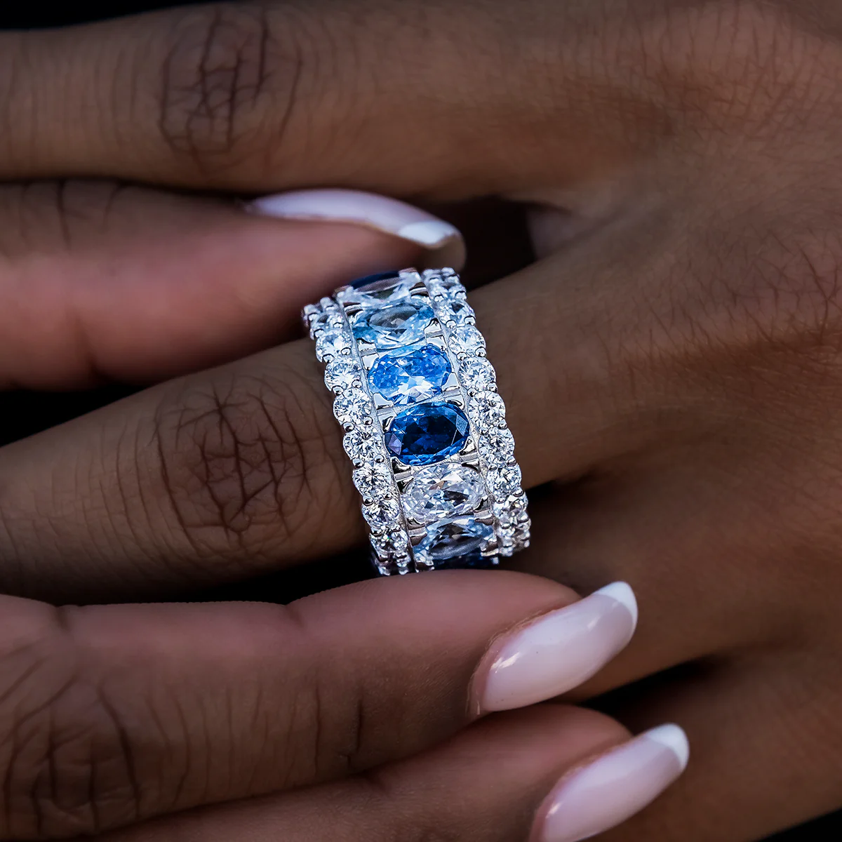 Multicolor Diamond Blue Layered Ring in White Gold Vermeil