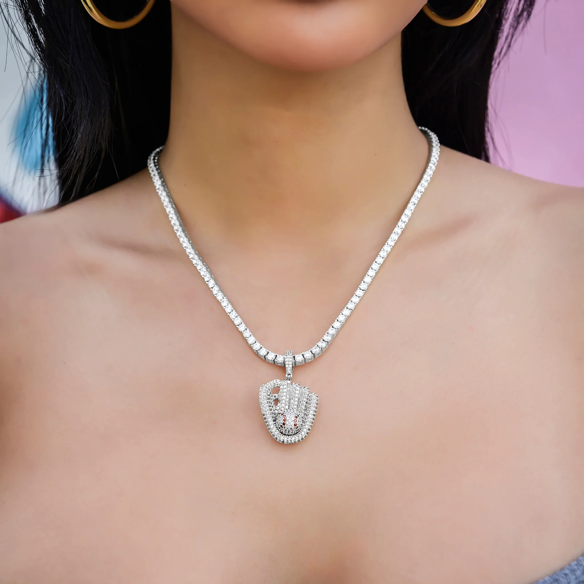 Iced Baseball Pendant in White Gold