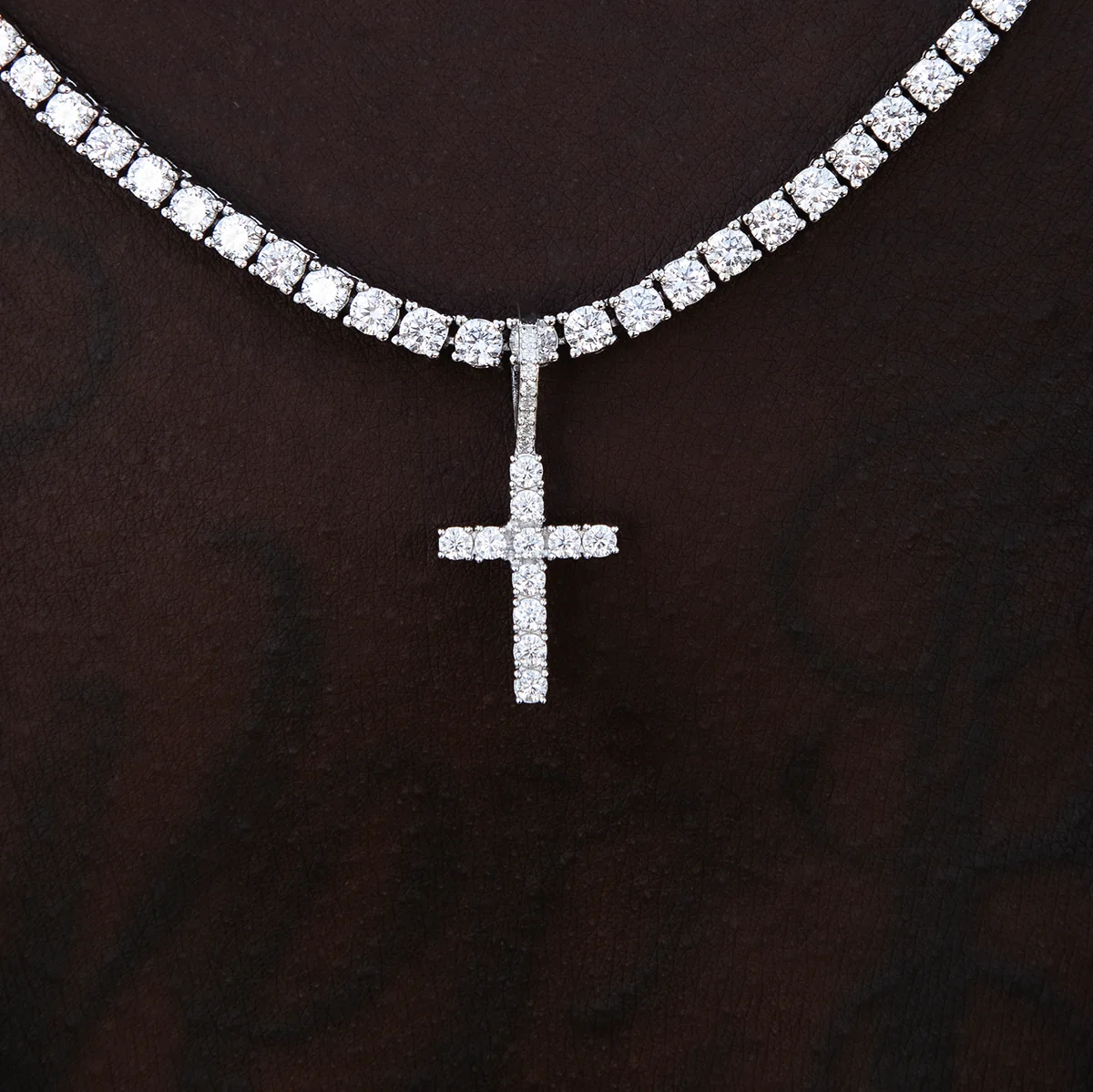Men's Moissanite Diamond Cross Micro Pendant in White Gold Vermeil