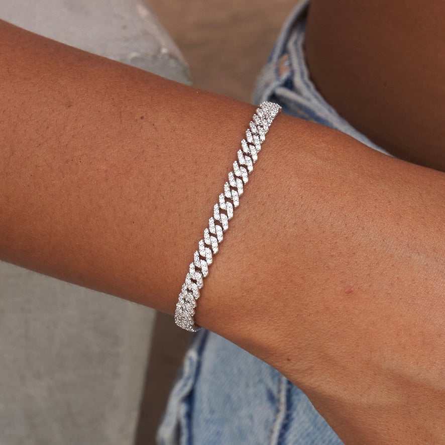 Women's 6MM Micro Diamond Prong Moissanite Cuban Bracelet in White Gold Vermeil
