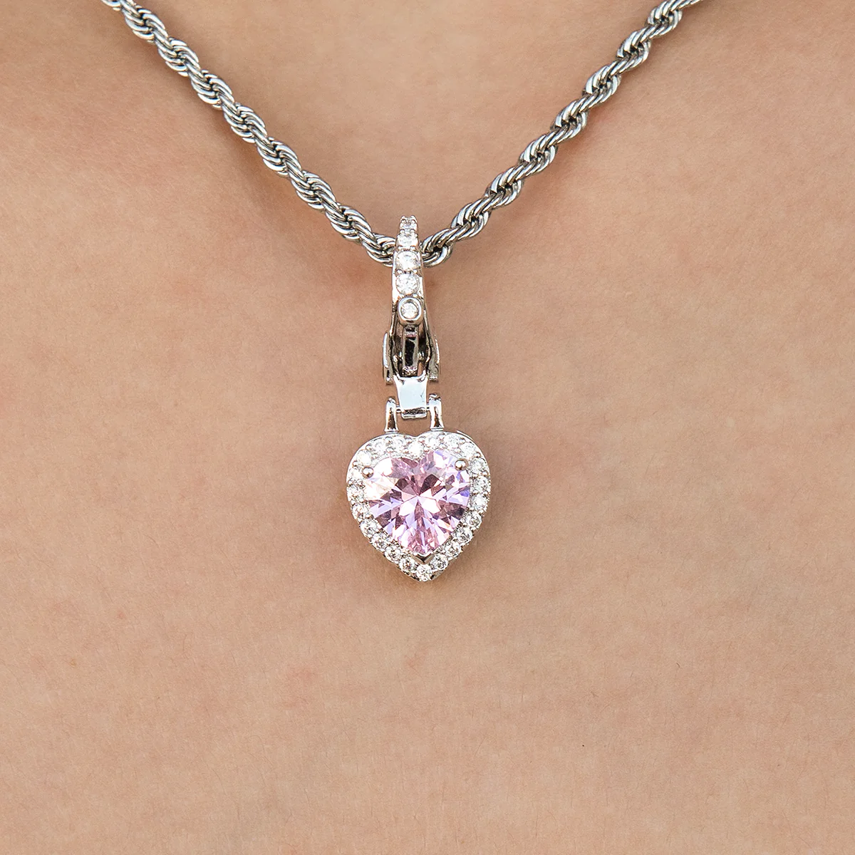 Micro Iced Pink Heart Clip On Charm Pendant in White Gold