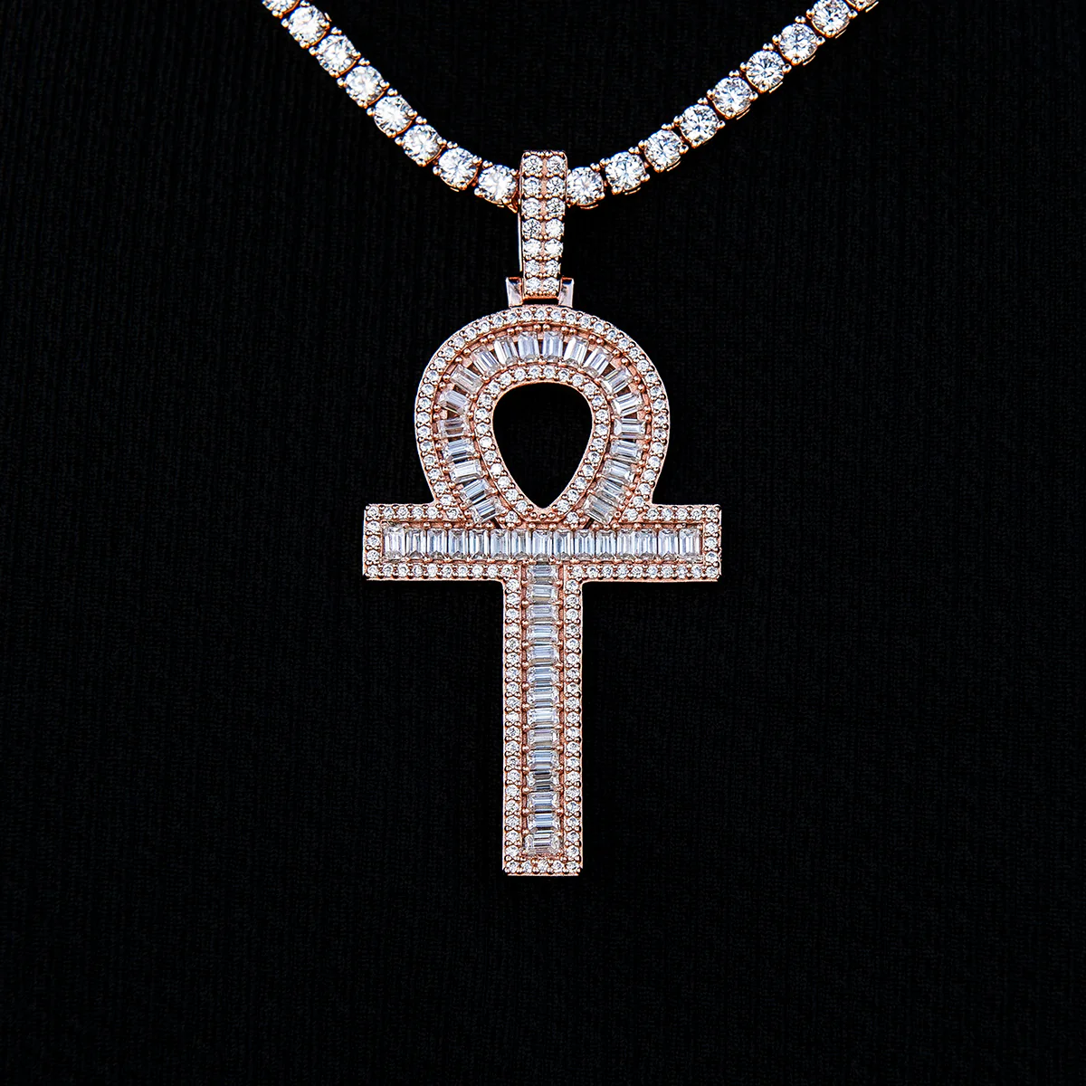 Men's Moissanite Ankh Cross Pendant in Rose Gold Vermeil