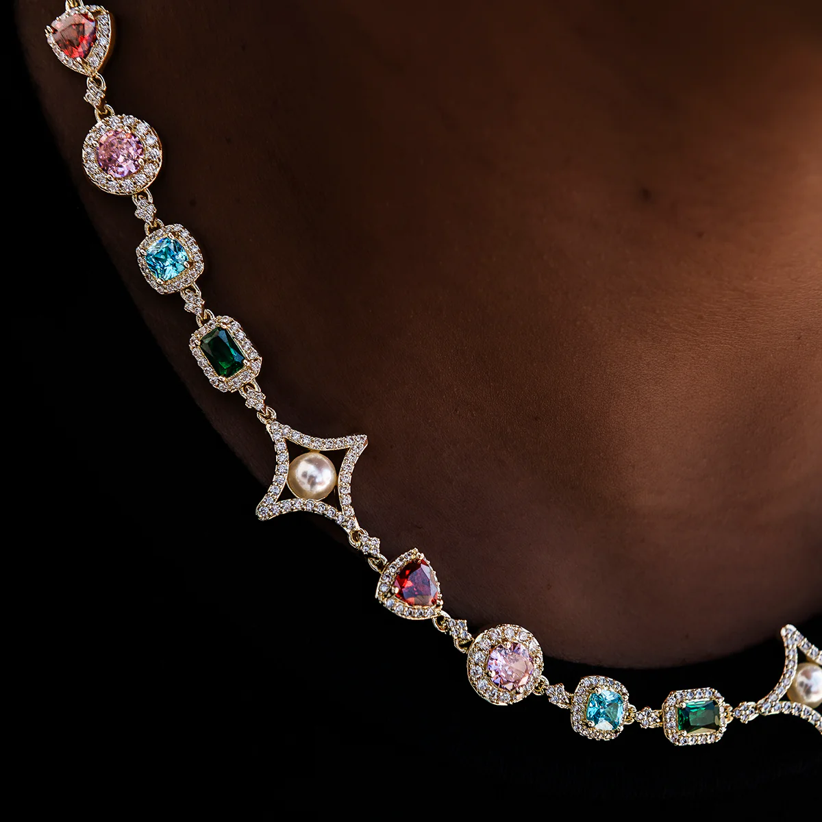 Colored Gemstone Pearl Necklace in Yellow Gold