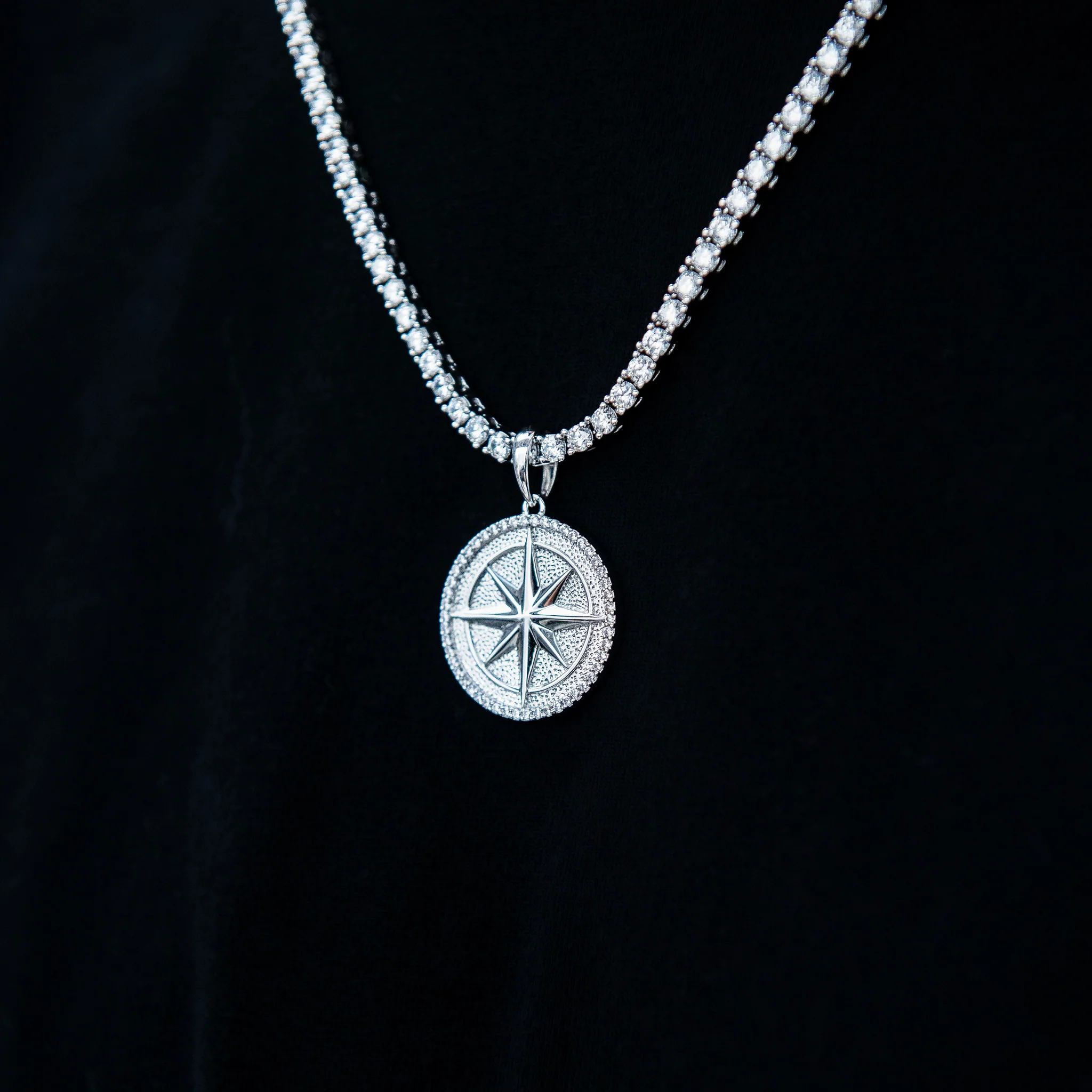 Compass Coin Pendant in White Gold