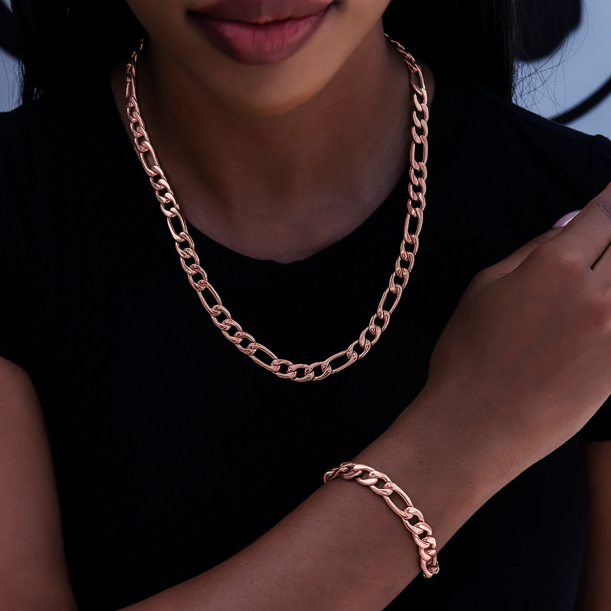 Figaro Necklace + Bracelet Bundle in Rose Gold- 6mm