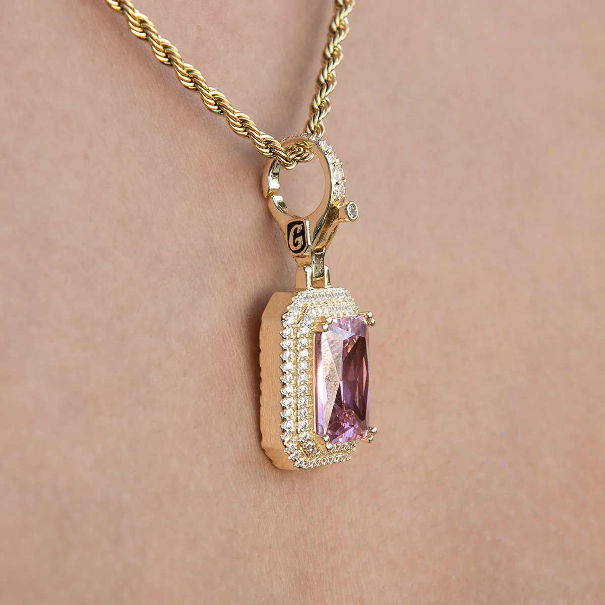 Pink Stone Clip On Charm Pendant in Yellow Gold