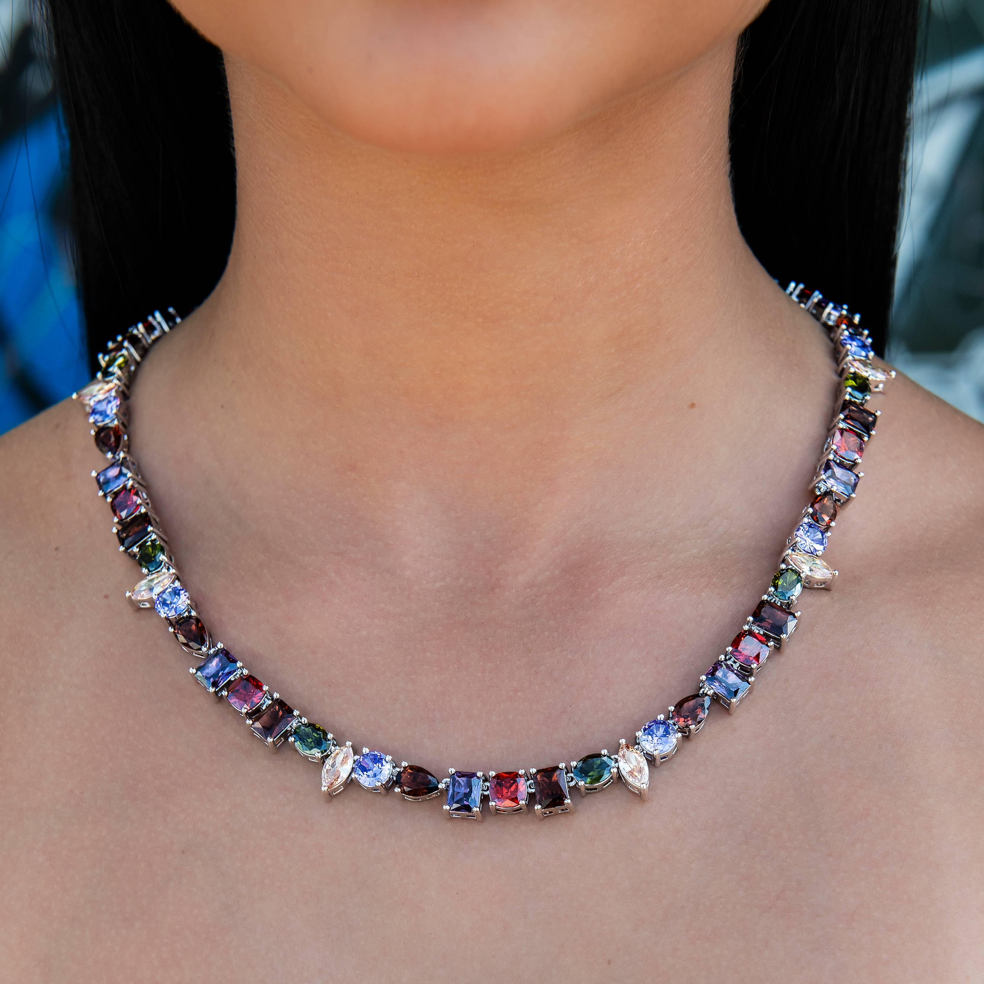 Floating Orange Mulicolor Stone Necklace in White Gold