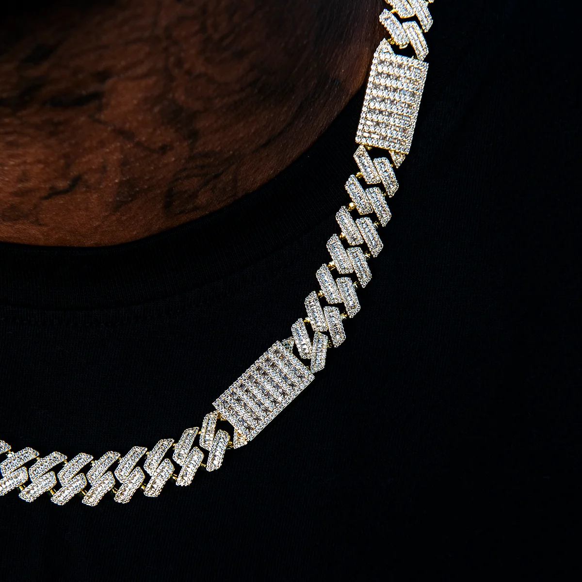 Diamond Baguette Station Cuban Chain in Yellow Gold- 12mm