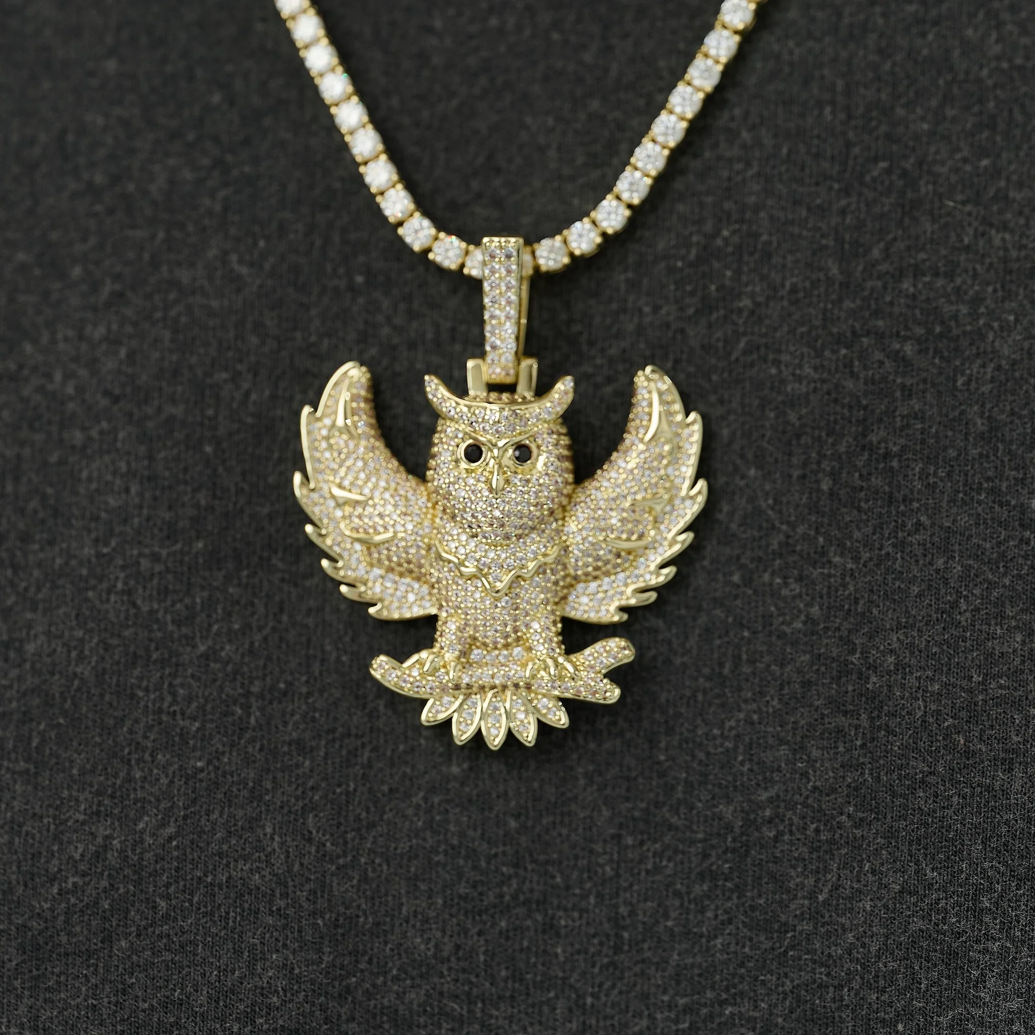 Iced Owl Pendant in Yellow Gold